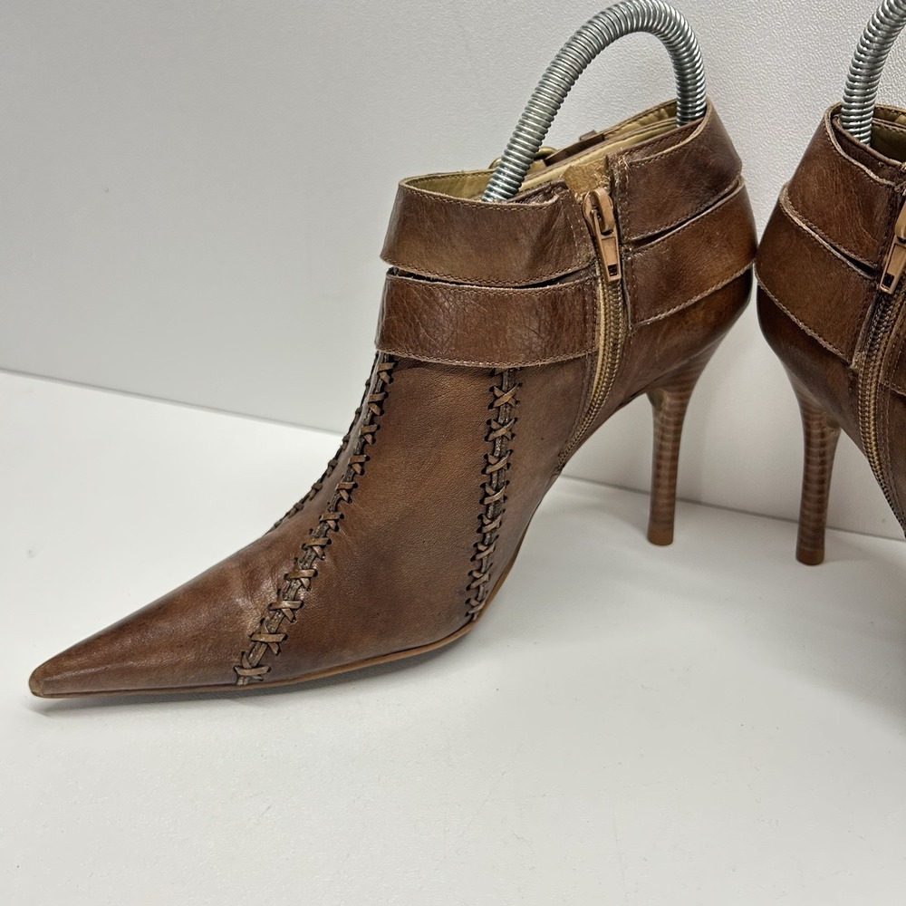 Carlos Santana Borderline Brown Leather Ankle Booties Heels Whipstitch Womens 7M - Picture 5 of 12